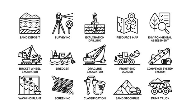 Icons of mining and exploration equipment and processes