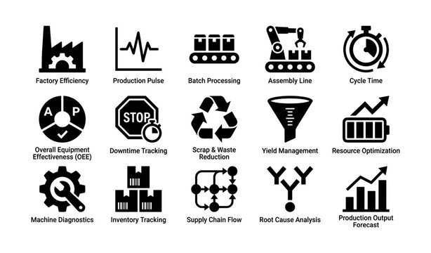 Industrial icons for factory efficiency and production process management