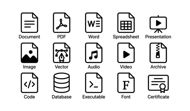 Icons of document formats: pdf, word, spreadsheet, image, audio, video, code, database, certificate