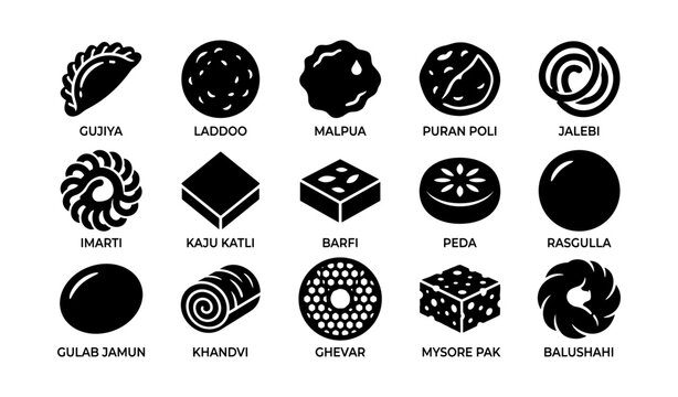 Variety of indian sweets: gujiya, laddoo, malpua, puran poli, jalebi, and more