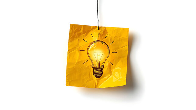 Creative idea concept with glowing light bulb on crumpled yellow sticky note, symbolizing innovation and inspiration for business, education, or personal growth.