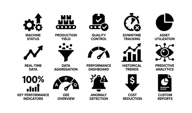 Industrial technology icons for performance tracking and analytics