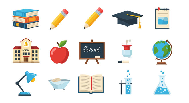 Education icons set: books, school supplies, and science elements