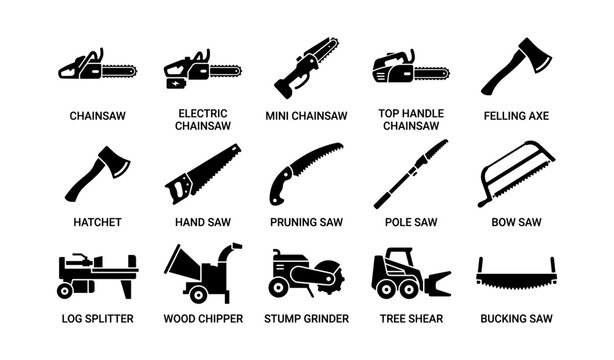 Woodcutting tools icons: chainsaws axes saws grinders and more