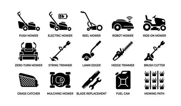 Various types of lawn mowers and garden tools icons set
