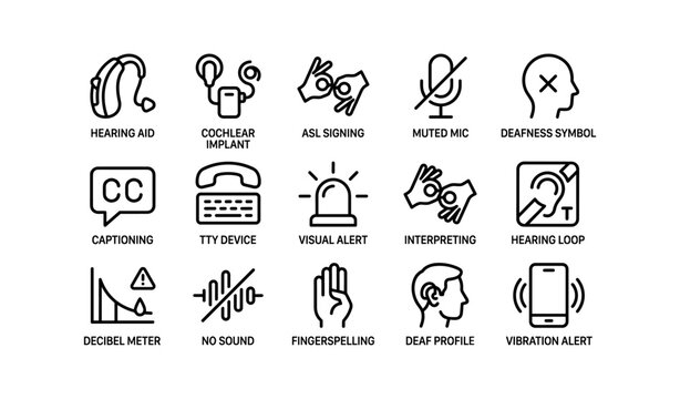Icon collection for hearing impairment: hearing aid, asl, visual alert, and more