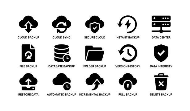 Cloud backup and data management icons simplify secure digital storage
