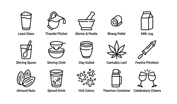 Holi festival icons: drinks, tools, and celebrations set