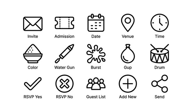 Event planning icons set including invite venue time and more