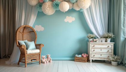 Naklejka premium Childrens photo studio background with cute teddy bears, wicker chair, decorative clouds. Pastel blue wall, white wooden floor create serene setting. Vintage dresser with flowers adds charm to