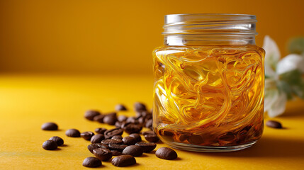 Fototapeta premium Transparent glass jar filled with swirling golden liquid on vibrant yellow background, scattered coffee beans creating inviting beverage presentation, warm atmosphere concept,