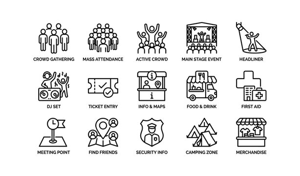 Festival icons illustrating activities and amenities for event planning