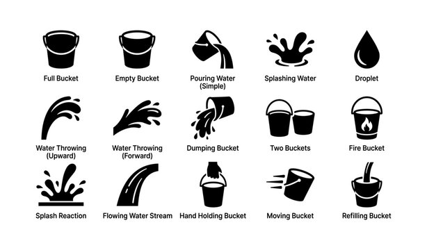Set of black water and bucket icons illustrating various actions and reactions