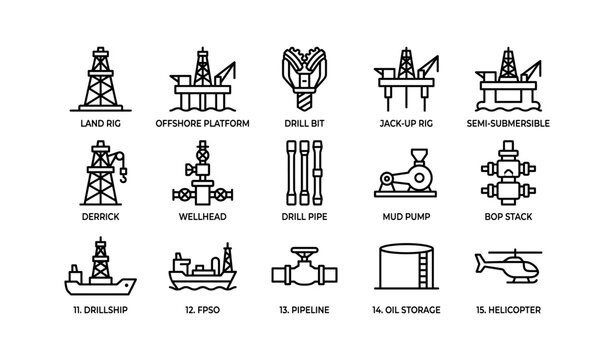 Oil industry icons: rigs, platforms, drill bits, pumps, pipelines, storage, helicopter