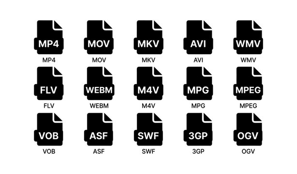 Icons of popular video file formats: mp4, mov, mkv, avi, wmv