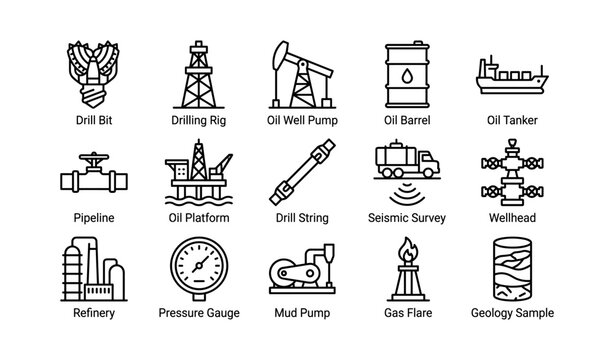 Oil industry icons: drill bit, rig, pump, barrel, tanker, and equipment symbols