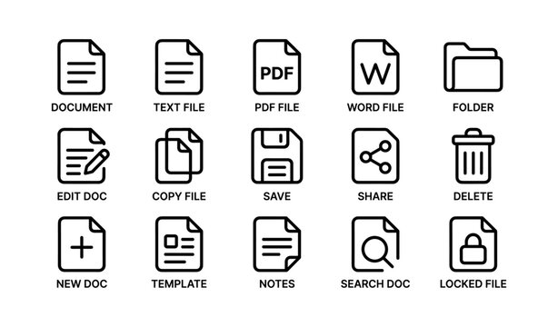 Document and file management icons: pdf, word, folder, edit, share