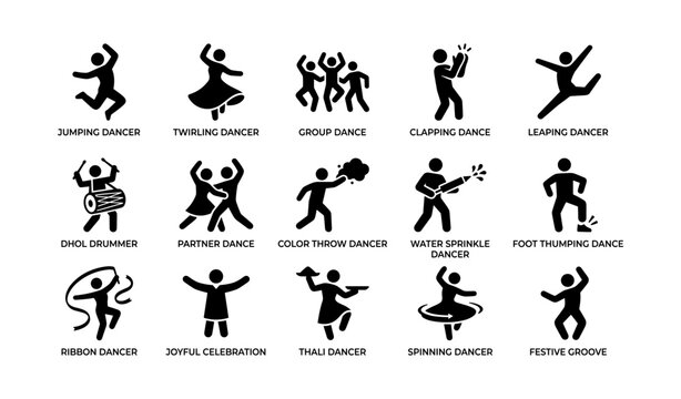 Silhouette dance icons: diverse dance forms and celebrations