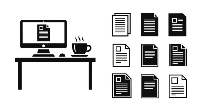 Silhouette office desk with computer and documents icons in black and white