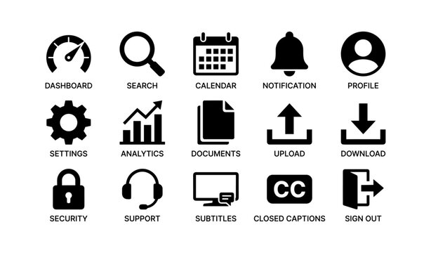 User interface icon set featuring dashboard, search, calendar, notification, and more