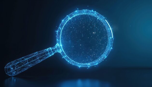 Digital magnifying glass hovers in dark blue space. Wireframe object glows with blue light. Futuristic symbol for search data analysis innovation and discovery.