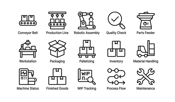 Industrial icons for conveyor, robotics, packaging, inventory, maintenance processes