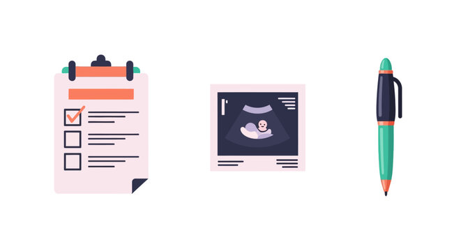 Checklist, sonogram, and pen icons in modern flat design for medical and office use