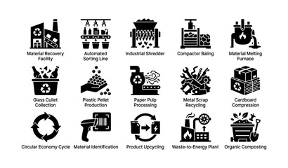 Naklejka premium Recycling icons: material recovery, shredding, baling, and upcycling processes