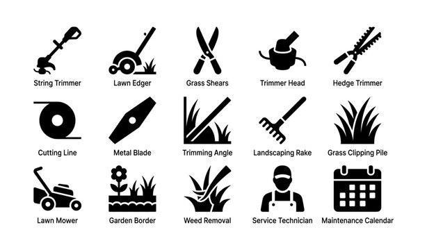 Lawn care equipment icons: trimmer, edger, shears, mower, rake, calendar