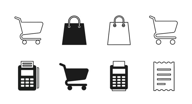 Set of shopping icons: cart, bag, payment, and receipt minimalist design