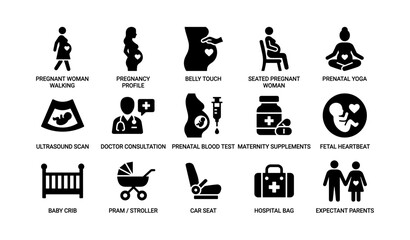 Obraz premium Pregnancy icons: prenatal care, ultrasound, supplements, and more