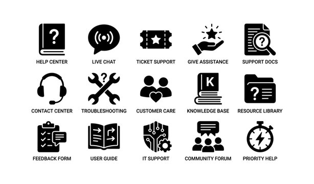 Customer support icons: help center, live chat, ticket, assistance, troubleshooting