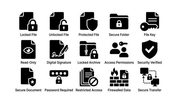 Security icons set featuring locked files, secure folders, and access permissions