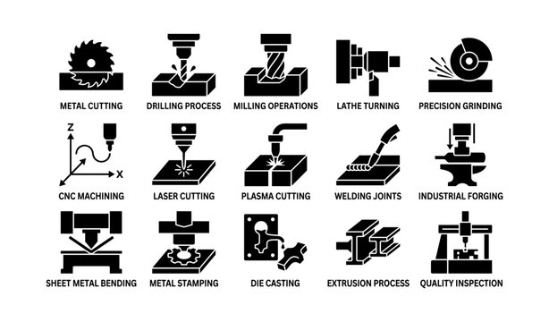 Industrial manufacturing icons: cnc, welding, die casting, quality inspection