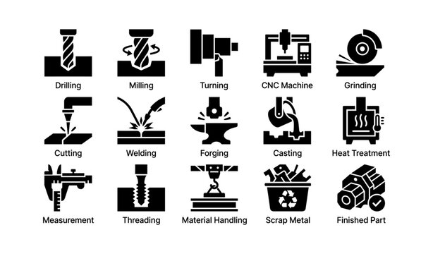 Industrial icons: drilling, milling, turning, cnc machine, grinding, welding, forging, casting