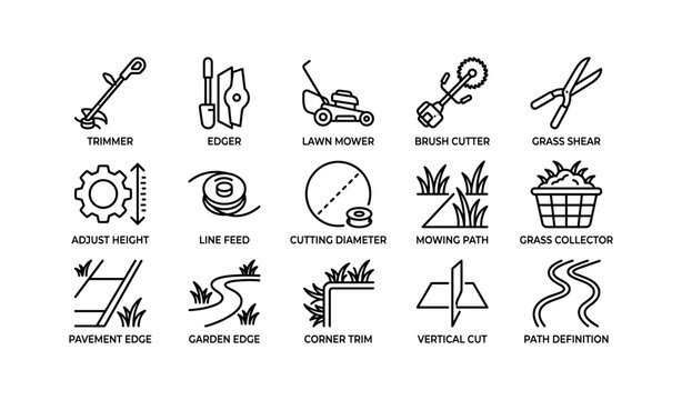 Garden maintenance tools: trimmer, lawn mower, grass shear, edger icons