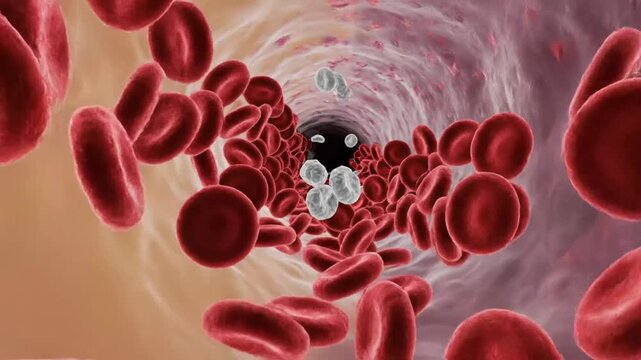 Microscopic view of blood flow through a blood vessel with red and white blood cells traveling inside the artery