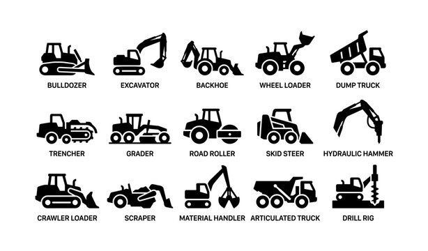 Silhouette icons of construction machinery and heavy equipment