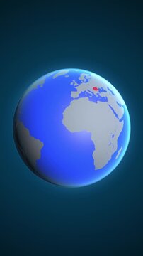 The animation shows a graphic representation of the earth and highlights the location and map of Romania colored red in vertical format.