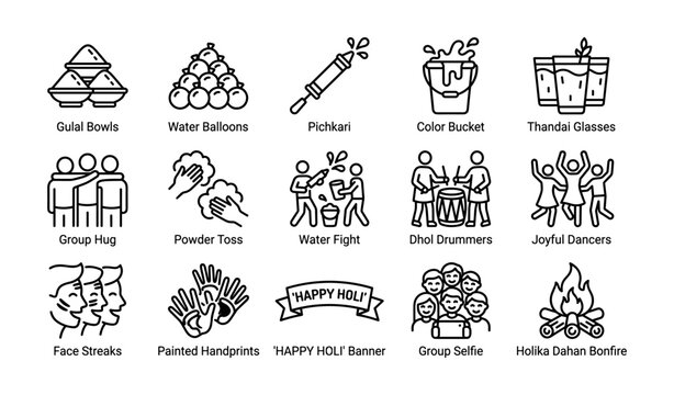 Holi festival icons: gulal, water balloons, pichkari, thandai, drummers, dancers, bonfire