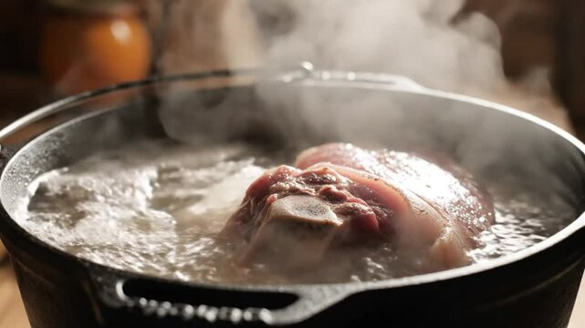 Close up view of pork hock simmering in a black cast iron pot on a wooden table, steam rising