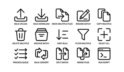 Fototapeta premium File management icons: upload, download, move, rename, copy, delete, archive, sort, filter, select, process, convert, split, merge
