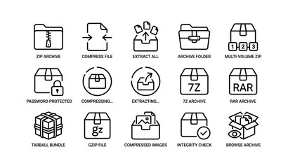 Fototapeta premium Set of line icons for file compression and archiving tools in black and white design