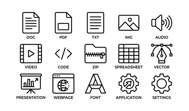 Set of 16 outline style file format icons including pdf and zip