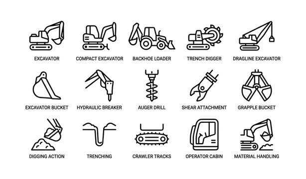 Construction equipment icons: excavators, drills, buckets, attachments, cabins