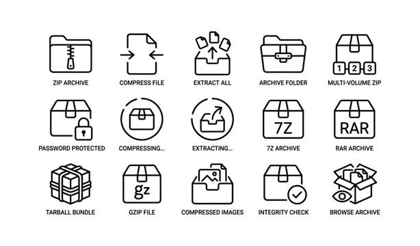 Set of line icons for file compression and archiving tools in black and white design