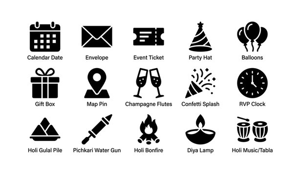 Icon set: calendar, envelope, ticket, party hat, balloons, gift box, map pin, flutes, confetti, clock