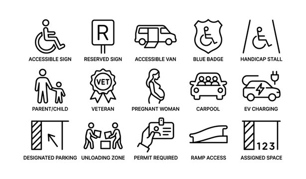 Parking and accessibility icons: accessible signs, designated spaces, ev charging, carpool, handicap stalls