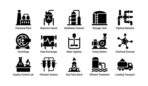 Industrial equipment icons: chemical plant, reaction vessel, storage tank, pipeline