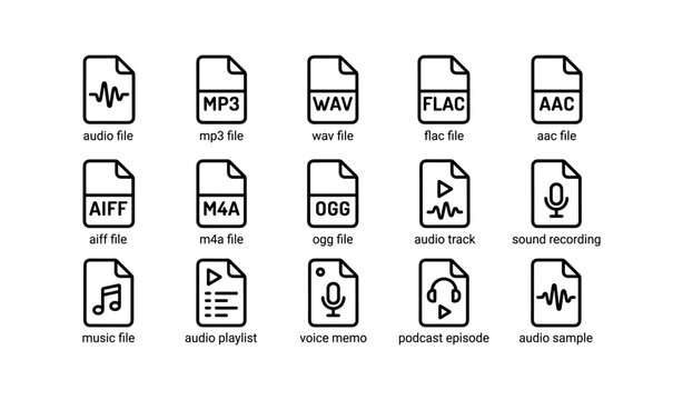 Audio file icons collection: mp3, wav, flac, aac, and more